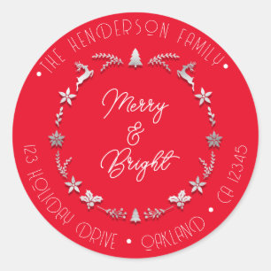 Merry Bright Family Address Deer Grey Wreath Red Classic Round Sticker
