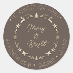 Merry Bright Family Address Deer Stars Gold Sepia Classic Round Sticker