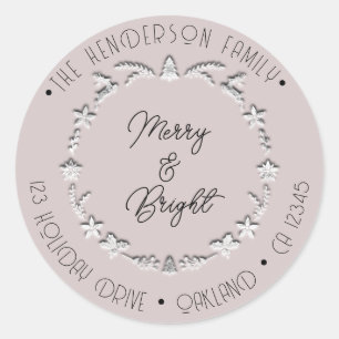 Merry Bright Family Address Deer Stars Silver Rose Classic Round Sticker