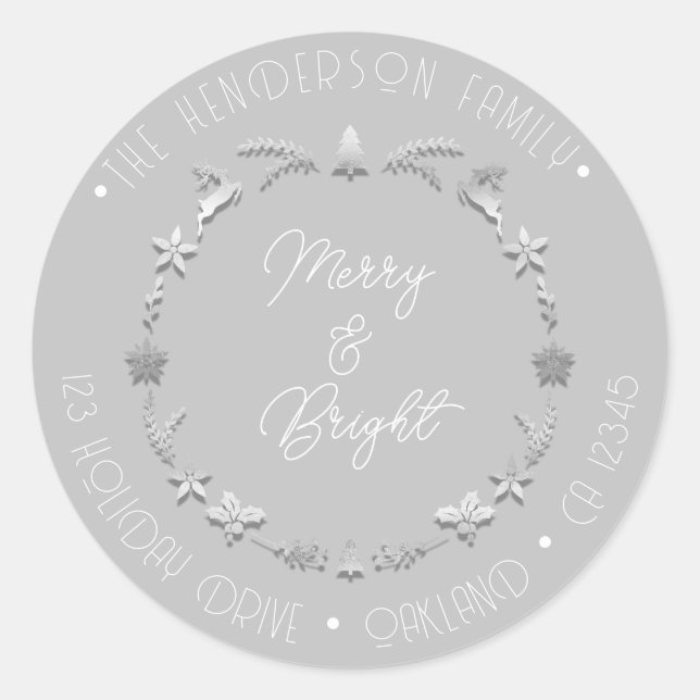 Merry Bright Family Address Deer Wreath Silver  Classic Round Sticker (Front)