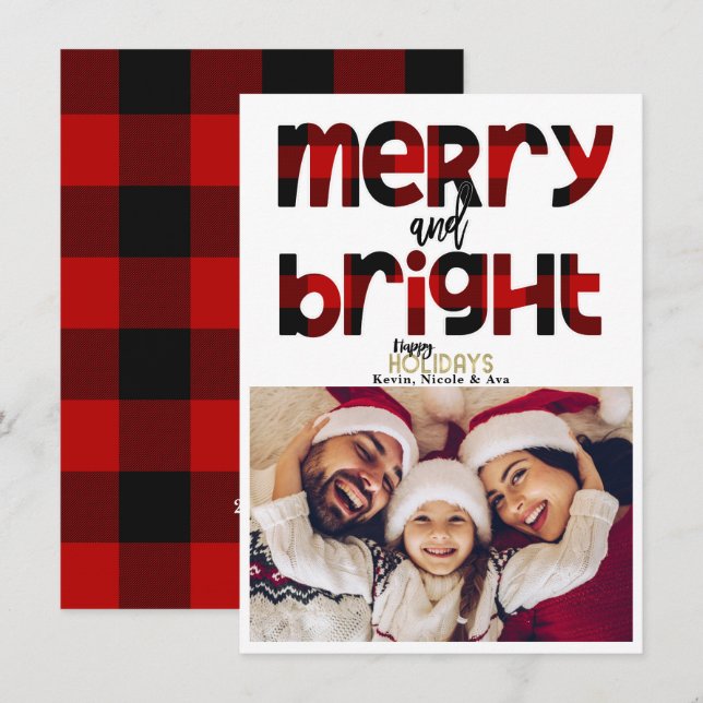 MERRY & Bright Family Christmas Holiday Photo Card (Front/Back)