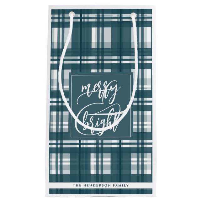 Merry & Bright | Family Name | Plaid Mint Green  Small Gift Bag (Front)