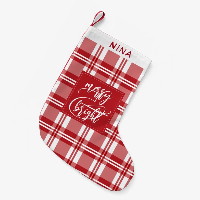 Merry & Bright | Family Name | Red Plaid  Small Christmas Stocking (Front (Hanging))