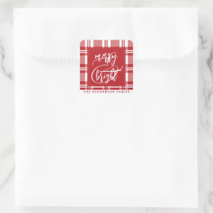 Merry & Bright   Family Name   Red Plaid  Square Sticker
