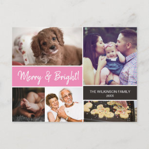 Merry & Bright Family Photo Collage Pink Christmas Holiday Postcard