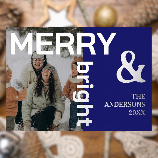 Merry & Bright Family Photo Elegant Midnight Blue Foil Holiday Card (Creator Uploaded)