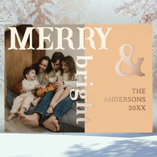Merry & Bright Family Photo Elegant Warm Peach Foil Holiday Card