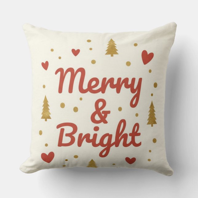 Merry & Bright" Festive Christmas Throw Pillow (Front)