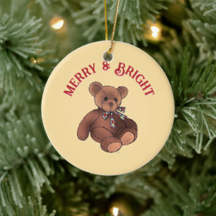 Merry & Bright Festive Teddy Bear Cute Christmas Ceramic Tree Decoration