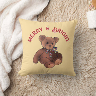 Merry & Bright Festive Teddy Bear Cute Christmas Cushion
