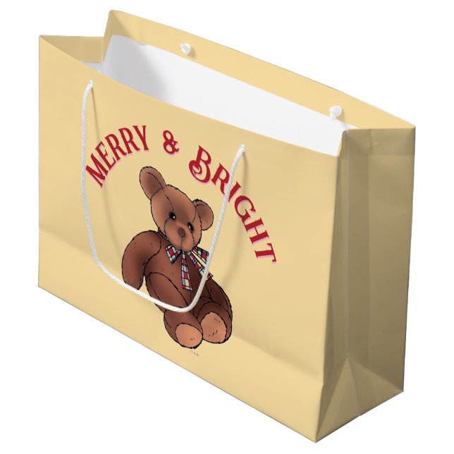 Merry & Bright Festive Teddy Bear Cute Christmas Large Gift Bag (Front Angled)