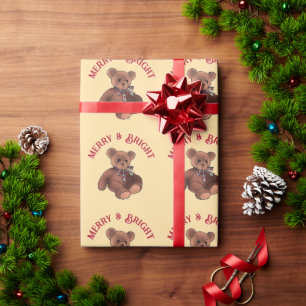 Merry & Bright Festive Teddy Bear Cute Christmas Wrapping Paper