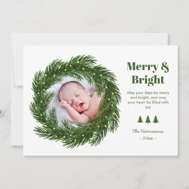 Merry & Bright Fir Tree Circle Photo Christmas Holiday Card (Front)