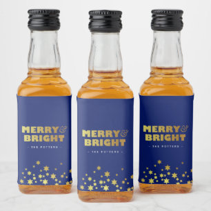 Merry & Bright   Fun Christmas Blue & Gold Liquor Bottle Label