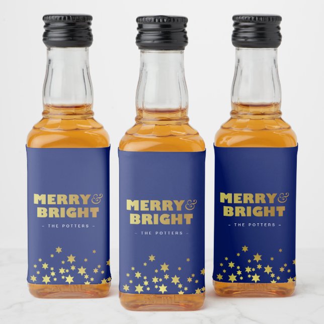 Merry & Bright | Fun Christmas Blue & Gold Liquor Bottle Label (Bottles)