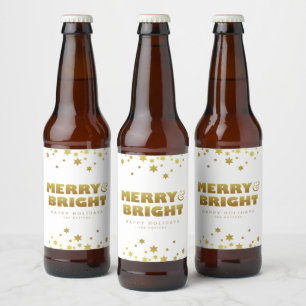 Merry & Bright   Fun Christmas White & Gold  Beer Bottle Label