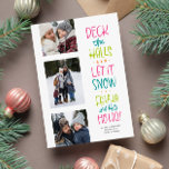 Merry bright fun colourful three photo Christmas Holiday Card<br><div class="desc">This three-photo bright and colourful Christmas card is the perfect way to send holiday cheer. The fun rhyme with Christmas carol quotes pairs perfectly with a set of photos. This Christmas photo card also includes room for a custom message and personalisation. The backer is a festive coordinating hot pink with...</div>