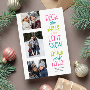 Merry bright fun colourful three photo Christmas Holiday Card