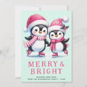 Merry & Bright Fun Penguin Pink Mint Christmas Holiday Card