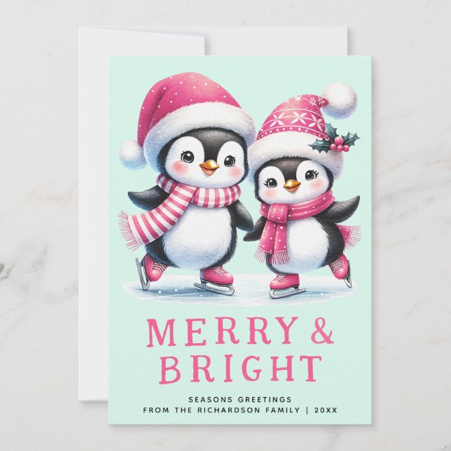 Merry & Bright Fun Penguin Pink Mint Christmas Holiday Card (Front)