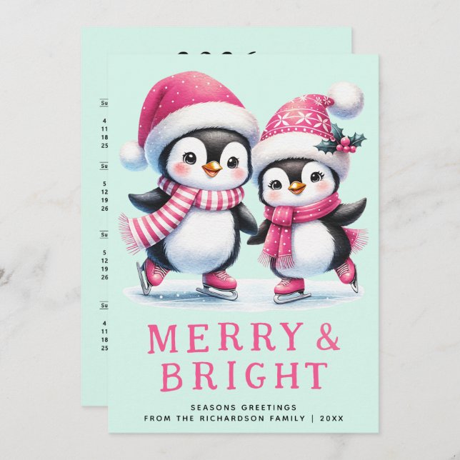 Merry & Bright Fun Penguin Pink Mint Christmas Holiday Card (Front/Back)