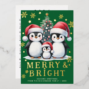 Merry Bright Fun Penguins Green Red Gold Christmas Foil Holiday Card