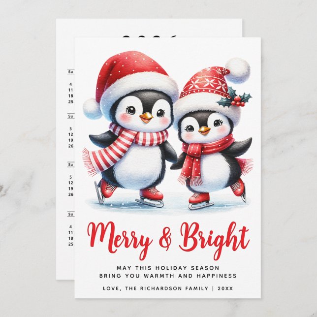 Merry Bright Fun Penguins White Red Christmas Holiday Card (Front/Back)