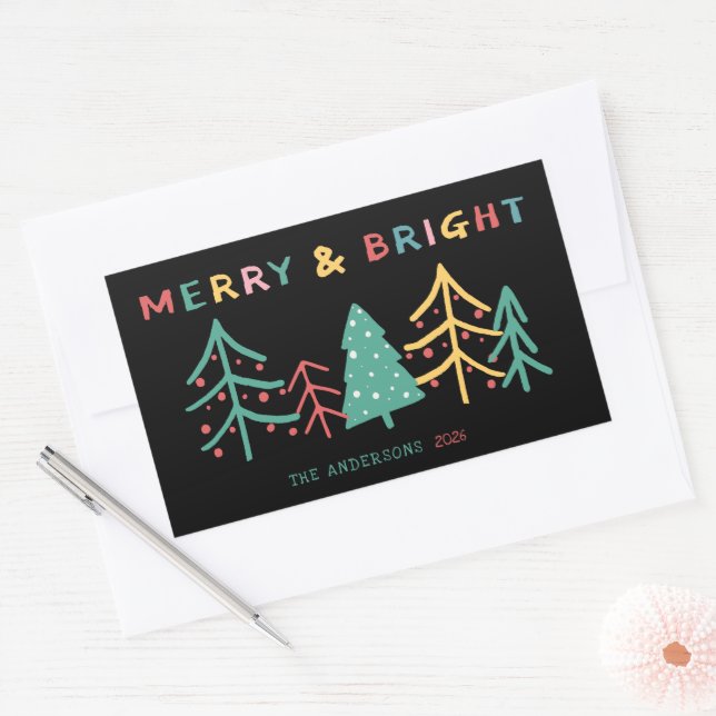 Merry & Bright Fun Pine Stylish Christmas Black Rectangular Sticker (Envelope)
