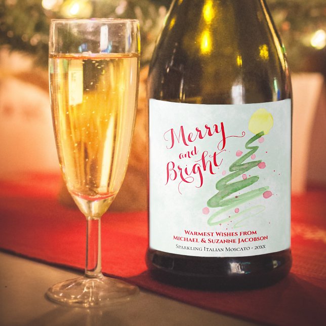 Merry & Bright Fun Watercolor Christmas Tree Sparkling Wine Label (In Situ with Glass)