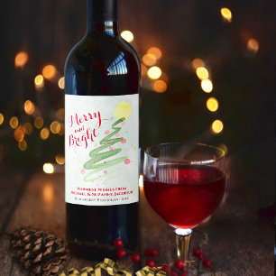Merry & Bright Fun Watercolor Christmas Tree Wine Label