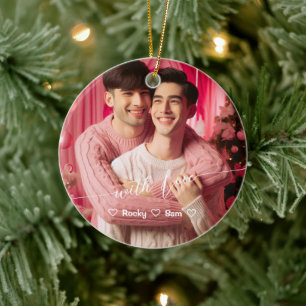 Merry & Bright Gay Retro Pink Custom Photo Ceramic Tree Decoration