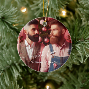 Merry & Bright Gay Retro Pink Custom Photo Ceramic Tree Decoration