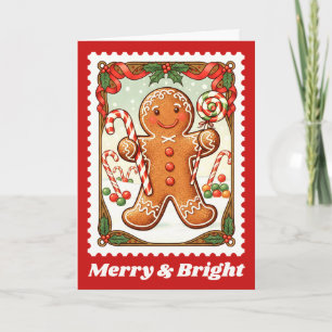 Merry & Bright Gingerbread Christmas Postage Stamp Holiday Card