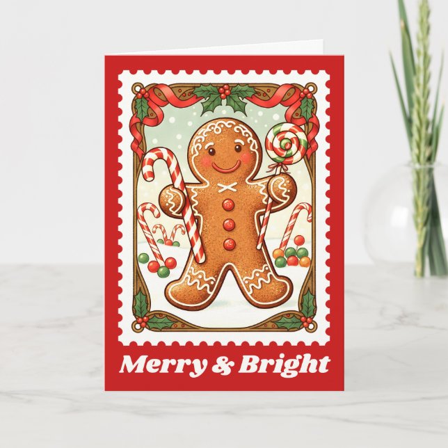Merry & Bright Gingerbread Christmas Postage Stamp Holiday Card (Front)