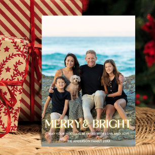 Merry & Bright Glowing Modern Font One Photo Holiday Card