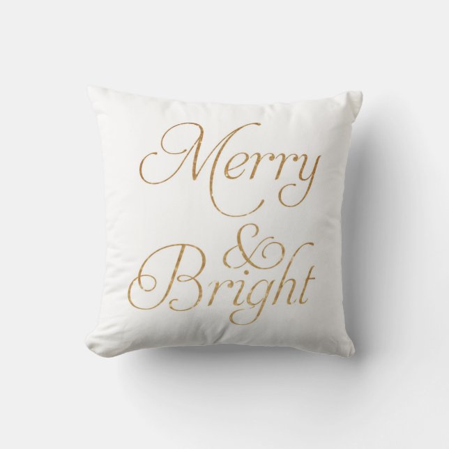 Merry & Bright - Gold and White Christmas Pillow (Front)
