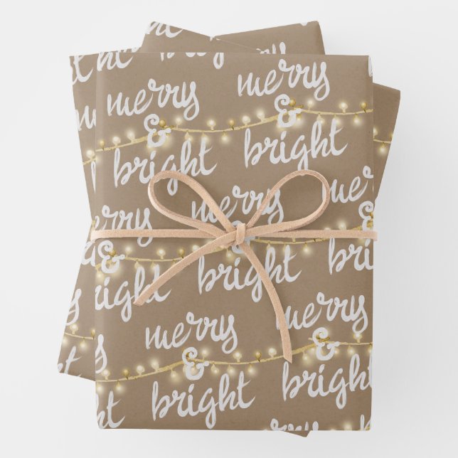 Merry & Bright Gold Christmas Tree Lights Kraft Wrapping Paper Sheet (In situ)