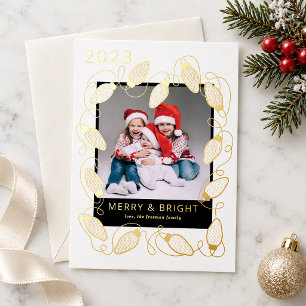 Merry & Bright Gold Foil Christmas Lights Photo Holiday Card