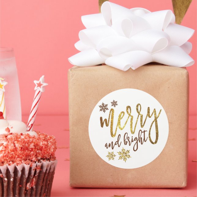 Merry & Bright, Gold White,  Classic Round Sticker (Party)