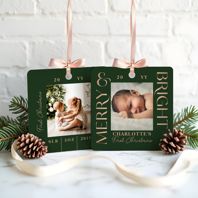 Merry & Bright Green Baby First Christmas Photos Metal Tree Decoration (Merry & Bright Green Baby First Christmas Photos Metal Ornament)