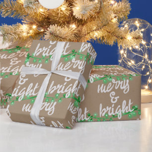Merry & Bright Green Christmas Tree Lights Kraft W Wrapping Paper