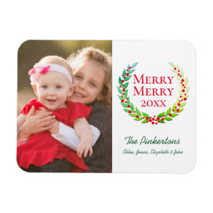 Merry & Bright Green Laurel Wreath Photo Holiday Magnet