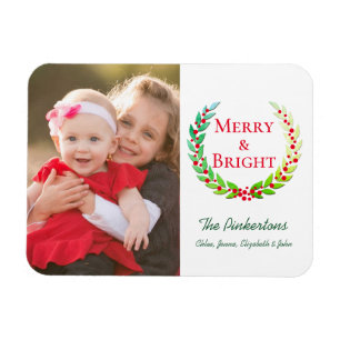 Merry & Bright Green Laurel Wreath Photo Holiday Magnet