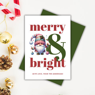 Merry & Bright Green Red Gnome Non-photo Christmas Holiday Card