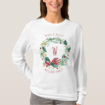 Merry & Bright Greenery Wreath Monogram Holiday T-Shirt<br><div class="desc">This holiday shirt features a festive greenery wreath with a red monogram initial in the centre. Above it reads "Merry & Bright" and below is your family name to personalise. Happy Holidays from our family to yours!</div>