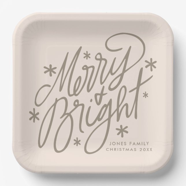 Merry & Bright hand-lettered script & stars design Paper Plate (Front)
