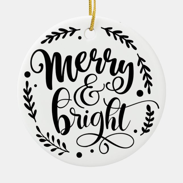 Merry & Bright Hand Lettering Script | B&W Ceramic Tree Decoration (Front)