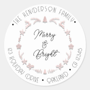 Merry Bright Holiday Address Wreath Deer PinkWhite Classic Round Sticker