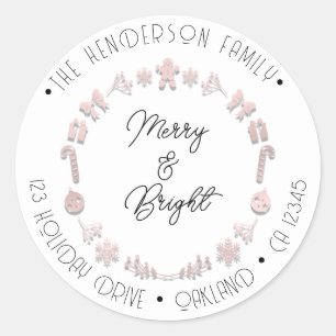 Merry Bright Holiday Address Wreath Deer PinkWhite Classic Round Sticker