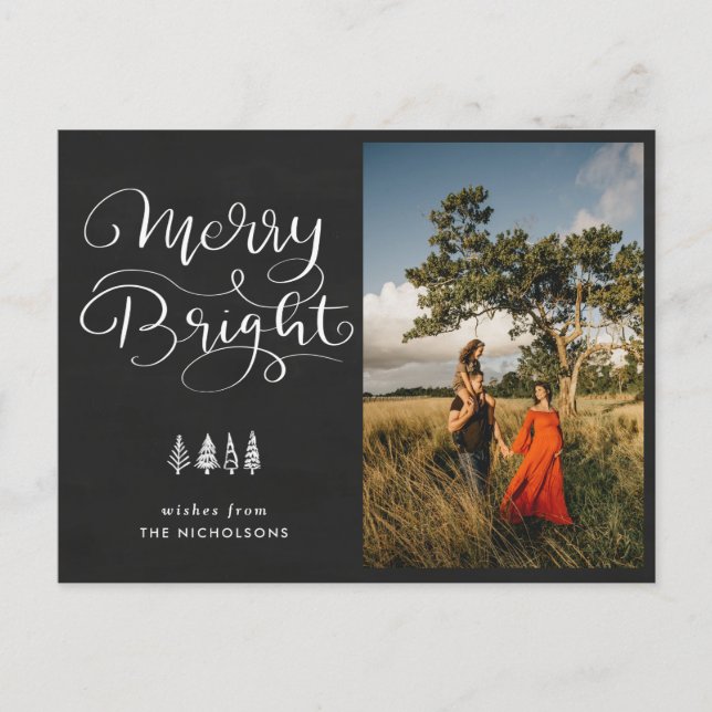 Merry Bright Holiday Chalkboard Script Photo Postcard (Front)